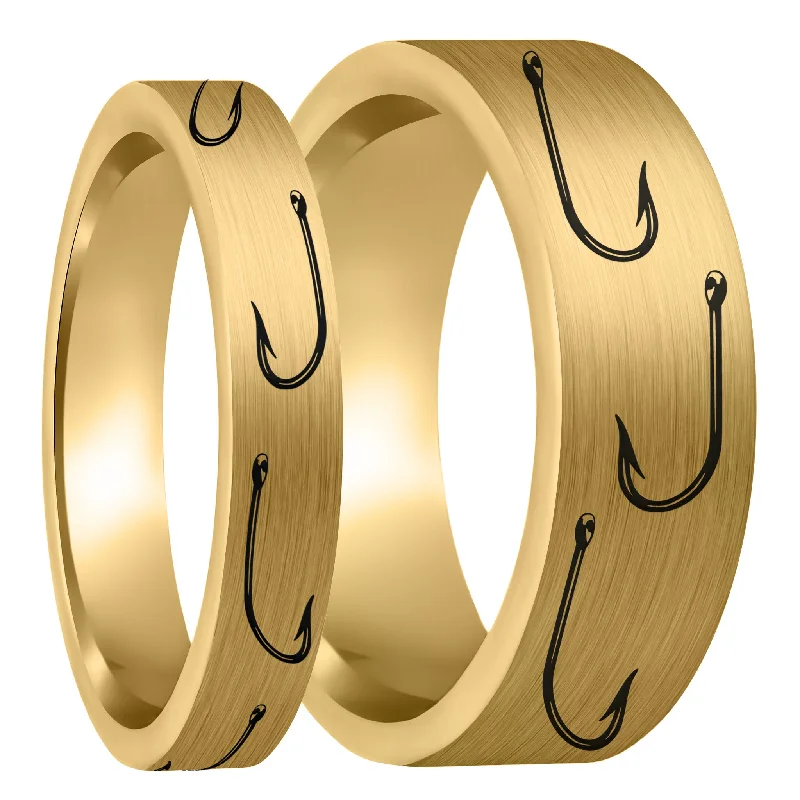 Faint Shine Rings-Fishing Hook Brushed Gold Tungsten Couple's Matching Wedding Band Set