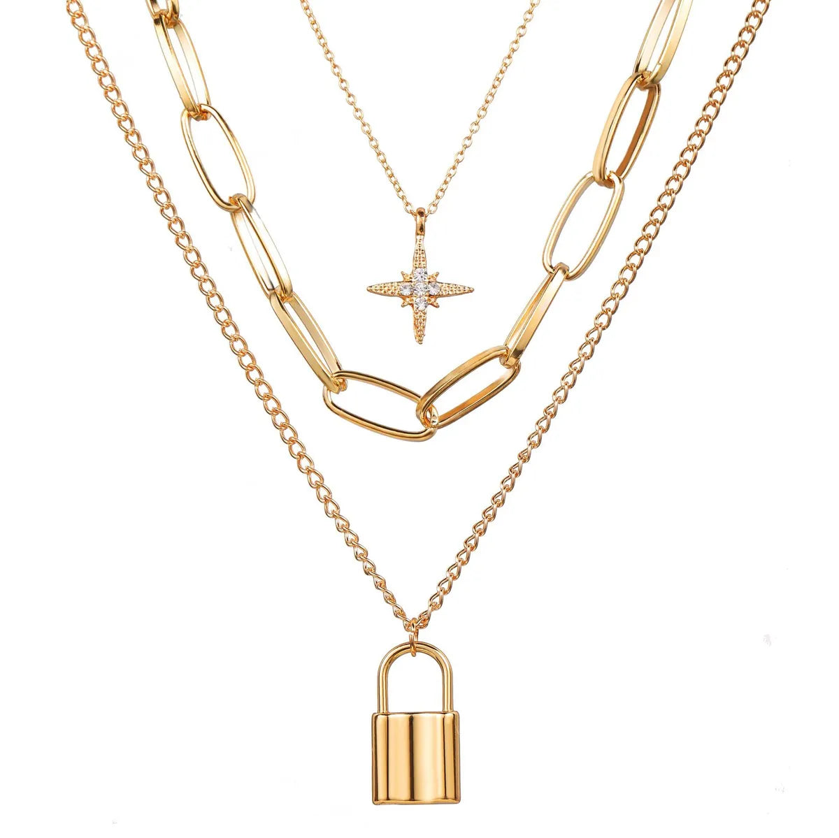 Necklaces For Wise Years-Multi-layer Creative Retro Simple Eight-pointed Star Lock Pendant Thick Necklace