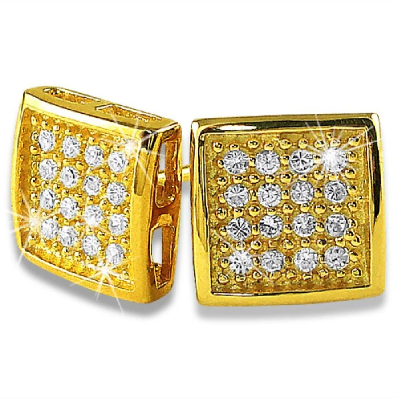 Earrings For Stage Looks-Deep Box Gold Vermeil CZ 32 Stones Bling Micro Pave Earrings .925 Silver