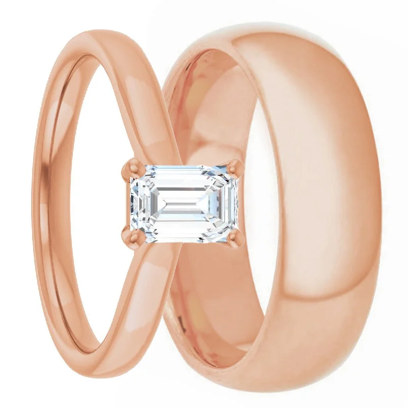 Rings For Scarf Pairings-14k Rose Gold & Lab-Created Emerald-Cut Diamond Couple's Matching Wedding Band Set